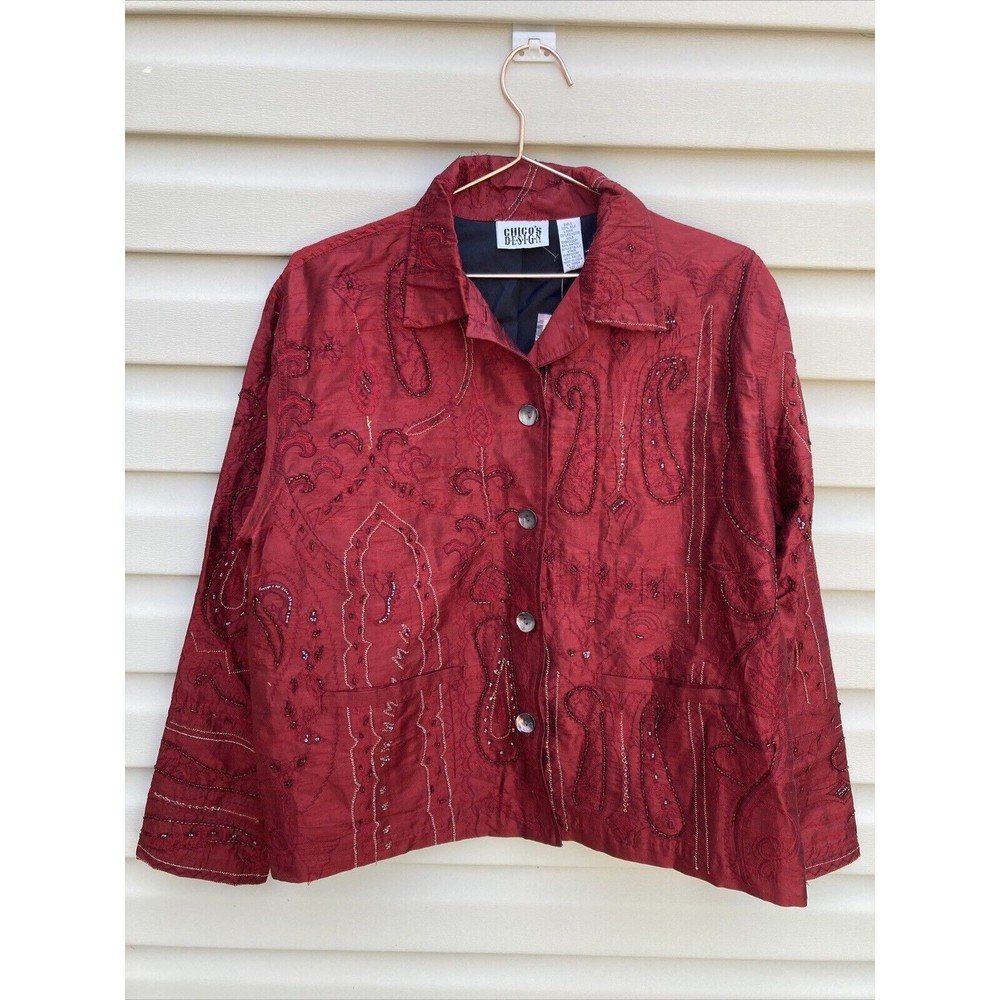 VNTG Chico's Design Medium/1 Red Pure Silk Jacket Abstract Beaded Embroidery NWT
